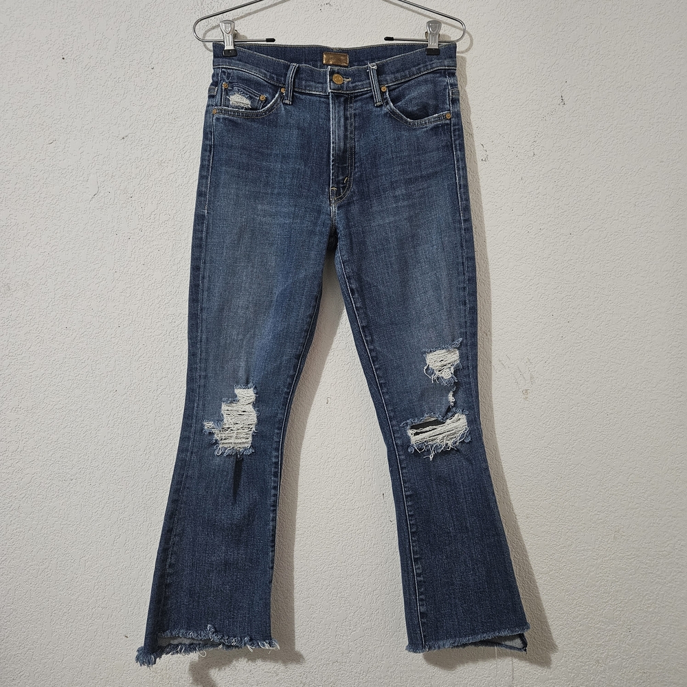MOTHER Blue Distressed Cropped Ankle Jeans